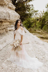 Women's Wedding Dresses Chic Lace Evening Dresses V Neck Ruffle Sleeves Beachy Boho Outdoorsy Wedding Gowns - Bmbride